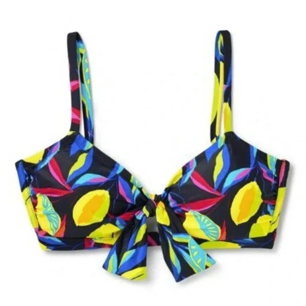 Tabitha Brown XXS Bright Colorful Lemon Floral Print Tie Front Bikini Top